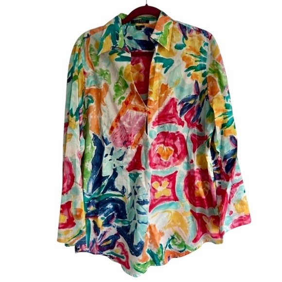 Ralph Lauren Blouse Tropical Print Tunic Loose Fit Coverup Resort Cruise Top L - Picture 1 of 4